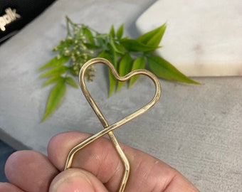 Heart shaped hammered brass hair fork bun pin