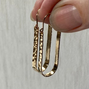 Long oval hammered hoop earrings, hammered oblong dangle hoops, long slender oval hoops with hammered finish in gold filled, sterling silver