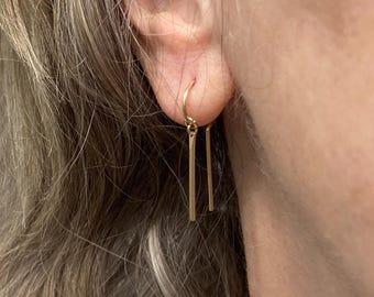Chime Threader Earrings: Ear Hugging Hoops with Dangling Bars, 14k Gold Fill, Argentium Silver, Minimalist Jewelry