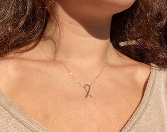 Small Ribbon Necklace: Breast Cancer Awareness Jewelry, Gift for Survivor, 14k Gold Fill, and Argentium Silver