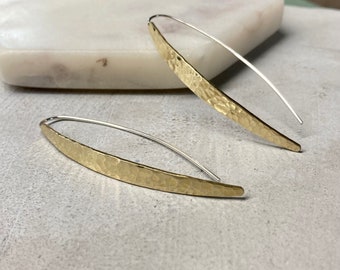 Bold arc mixed metal earrings, Modern long hammered brass open hoop earrings