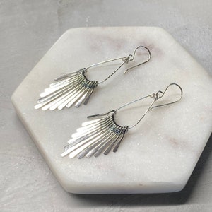 Silver fanned fringe statement earrings, silver tassel drop earrings, silver teardrop shaped fringe earrings, boho silver statement jewelry