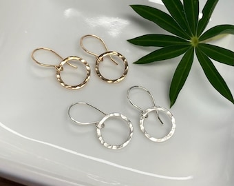 Tiny Circle Dangle Earrings: 14k Gold Filled, Argentium Silver, Handmade Minimalist Everyday Jewelry