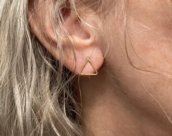 Tiny Triangle Sleeper Studs: 12mm Ear Hugging Hoops, 14k Gold Filled, Argentium Silver, Geometric Jewelry