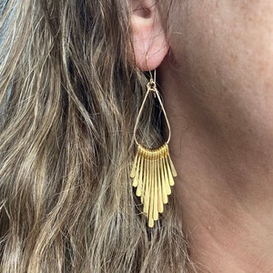 Gold fringe statement earrings, teardrop shaped fringe earrings, gold fringe chandelier earrings, hoops with fringe