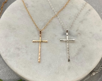 Cross Necklace: Handmade Crucifix Pendant, Hammered Finish, Modern Religious Jewelry, 14k Gold filled, Argentium Silver