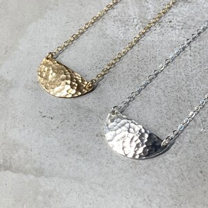 Small hammered half moon necklace, Sterling silver half circle hammered necklace, 14k gold fill semi-circle pendant rose gold fill available