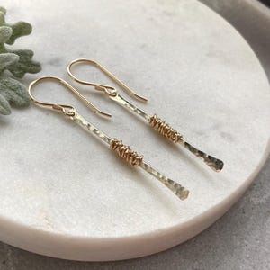 Hammered Mixed Metal Dangle Earrings, Two Tone Wire Wrap Vertical Bars