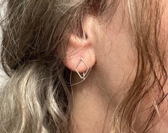 Tiny Diamond Shaped Sleeper Studs: 12mm Ear Hugging Hoops, 14k Gold Filled, Argentium Silver, Everyday Jewelry