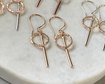 Dainty Circle Bar Earrings: Hammered Open Circle Dangles, Handmade, Mixed Metal, Everyday Jewelry