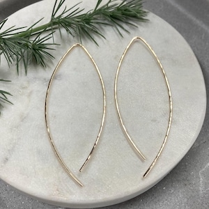 Arc open hoop threader earrings, long back open hoops, wishbone shaped hoop earrings, lightly hammered petal shaped hoops, lightweight hoops