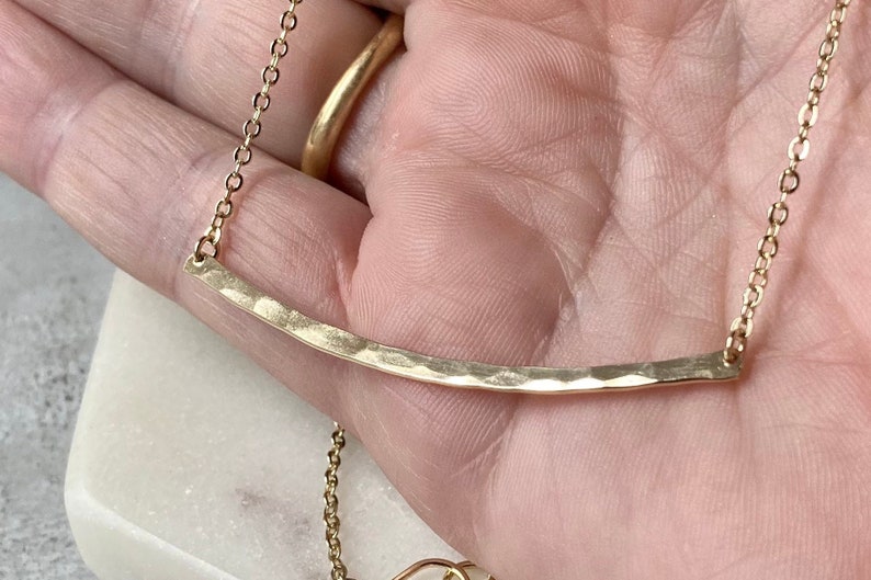 14k gold filled hammered curved bar necklace, 2 inch curved bar necklace, 50mm hammered curved bar necklace image 2