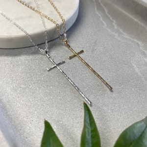 Long hammered cross pendant necklace, delicate skinny cross pendant, modern handmade slim cross necklace,  religious jewelry gift for her