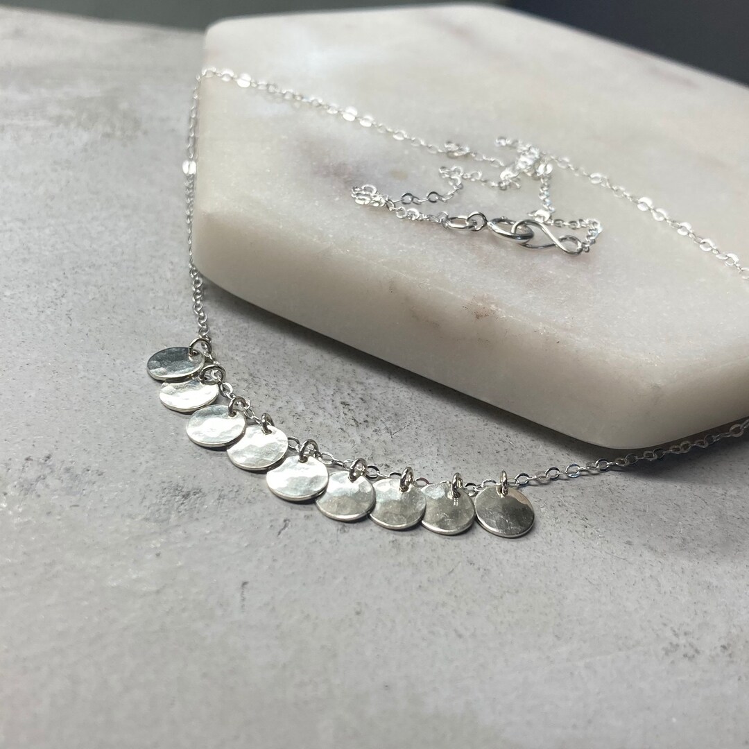 Multi Disc Charm Necklace, Coin Drop Necklace in Sterling Silver or
