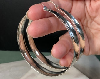 X Large wide, chunky sterling silver saddle hoop earrings, 2.5 and 3 inch diameter, oversized thick hoops, artisan made big silver hoops