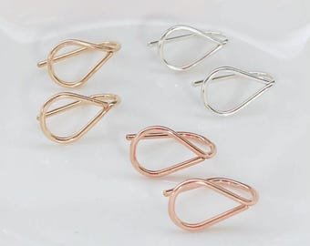 Tiny Teardrop Sleeper Studs: 12mm Ear Hugging Petal Hoops, 14k Gold Filled, Argentium Silver