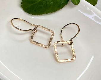 Tiny Square Dangle Earrings: 14k Gold Filled, Argentium Silver, Handmade Minimalist Everyday Jewelry