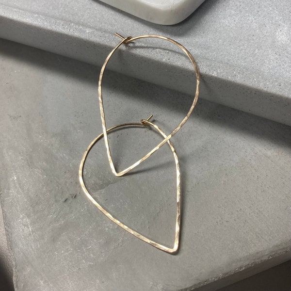 Petal shaped wire hoop earrings, hammered wire latch back alternative hoops, leaf shaped hoop earrings, lightweight 2 inch hoop earrings