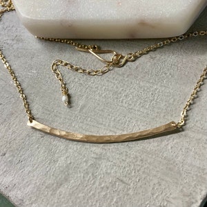 14k gold filled hammered curved bar necklace, 2 inch curved bar necklace, 50mm hammered curved bar necklace image 1