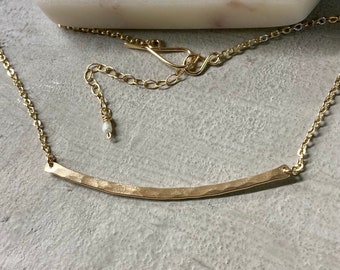 14k gold filled hammered curved bar necklace, 2 inch curved bar necklace, 50mm hammered curved bar necklace