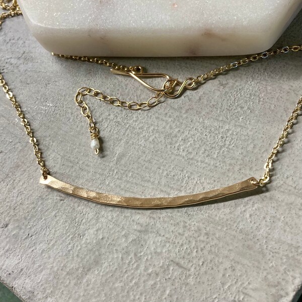 14k gold filled hammered curved bar necklace, 2 inch curved bar necklace, 50mm hammered curved bar necklace