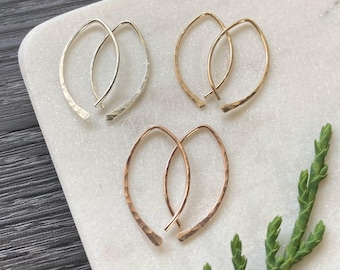 Small Wishbone Open Hoops: 25mm Almond Shaped Earrings, Handcrafted 14k Gold, Filled, Argentium Silver