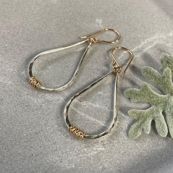 Mixed Metal Teardrop Earrings: Hammered Geometric Hoops, Argentium Silver, 14k Gold Fill