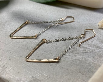 Chevron V drop dangle earrings, gold filled swing style chevron earrings, silver chevron dangle earrings, rose gold filled chevron earrings