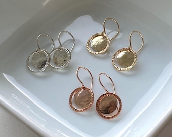 Small Disc Dangle Earrings: Drop Hoops, 14k Gold Filled, Argentium Silver, Mixed Metal Jewelry