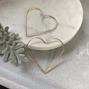 Heart shaped hoop earrings, sideways hanging heart hoops, 1.5 inch heart earrings, 32mm hammered heart hoops, heart threader style hoops