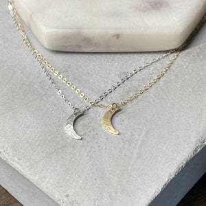 Small hammered crescent moon necklace, tiny vertical moon necklace,