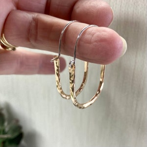 Horseshoe shaped hoop earrings, U shaped hammered oval hoops, unique handmade oval shaped earrings, modern mixed metal handmade hoop earring