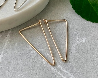 Triangle Hoops: Slender Pointy Wire Earrings, 14k Gold filled, Argentium silver