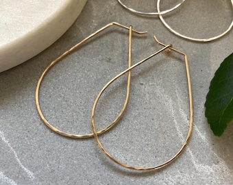 Teardrop Hoops: 45mm Pear Shaped Earrings, 14k Gold filled, Argentium silver, Modern Boho Jewelry