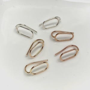 Tiny Oval Sleeper Studs: 12mm Ear Hugging Oblong Hoops, 14k Gold Filled, Argentium Silver, Everyday Jewelry