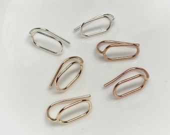 Tiny Oval Sleeper Studs: 12mm Ear Hugging Oblong Hoops, 14k Gold Filled, Argentium Silver, Everyday Jewelry