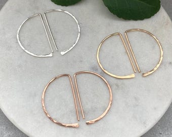 Hammered D Shaped Hoops: 25mm Threader Earrings, 14k Gold Filled, Argentium Silver