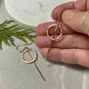 Open circle and bar drop earrings, circle and stick drop earrings, handmade, modern, boho, gold filled or argentium silver dangle earrings