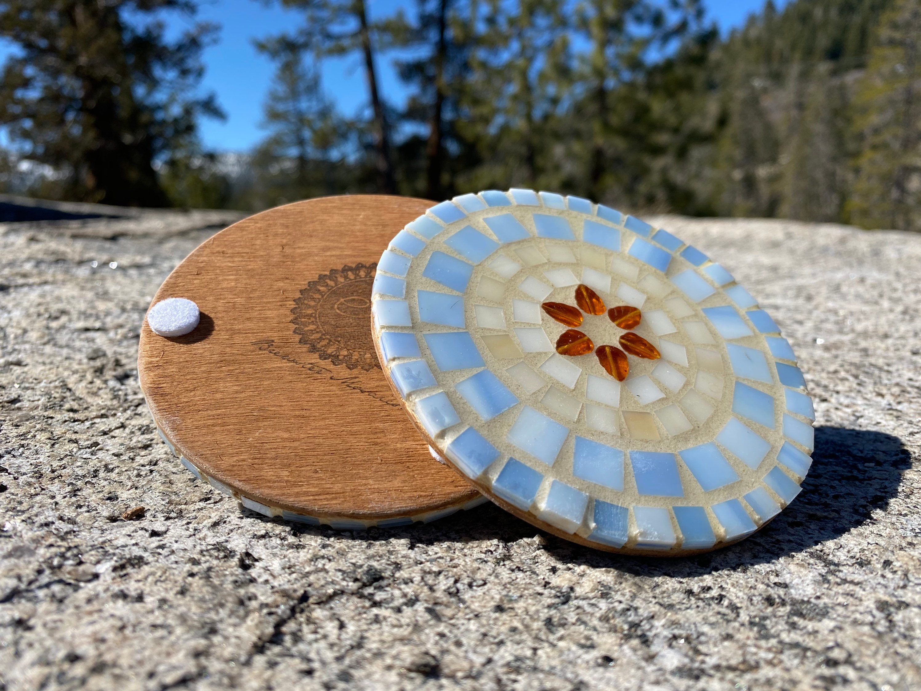 Handmade Light Blue Mosaic Coasters Pecan Base // Tile Etsy