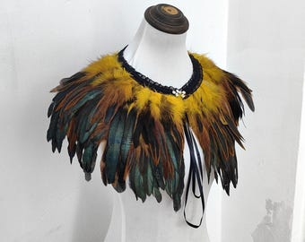 Yellow feathers SHAWL Shrug Shoulders Feathers cape Halloween costume ,vintage capelet for Adult