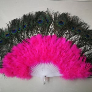 Leque de penas grande de pavão rosa quente 38*75cm, leque de penas para dança burlesca, buquê de noiva