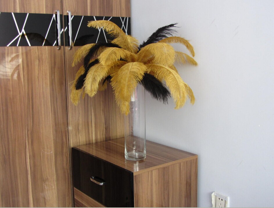 100pcs Black& Gold Ostrich Feather Plume for Wedding Centerpieces 