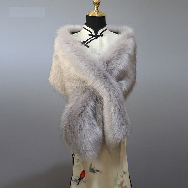 Free Shipping Wedding Light Grey faux fur bridal wrap, Wedding Fur shrug, Bridal Fur, Fur Wrap,Faux Fur Stole Fur Shawl Cape