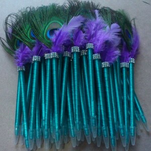 2 Turquoise Peacock feather pen with Rhinestone