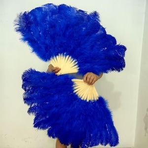 May include: Two large, open hand fans with vibrant blue feathers. The fan's base is made of light-colored wood. The fans are held in front of a person, with the feathers fanning out. The background is a plain white wall.