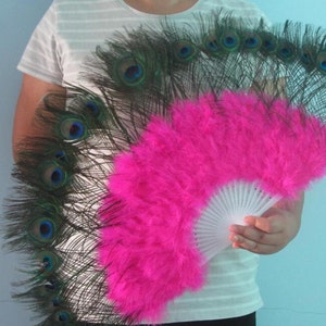 Leque de penas grande de pavão rosa quente de 14 * 24 polegadas, leque de penas para dança burlesca, buquê de noiva