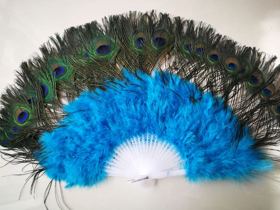 38*75cm Turquoise Peacock Large Feather Fan Burlesque Dance