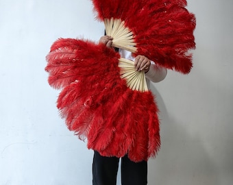 Éventail Ancien Plumes Autruche Rose - Décoration Murale Ou Accessoire Burlesque 72cm