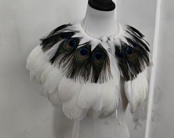 White Goose feathers SHAWL Shrug Shoulders Feathers cape Halloween costume ,vintage capelet for Adult