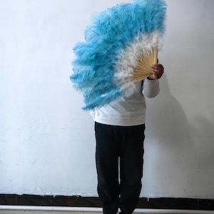 Aqua & White 90X50cm White Christmas Sister Fans Large ostirch  Feather Fan Burlesque Dance feather fan Bridal Bouquet